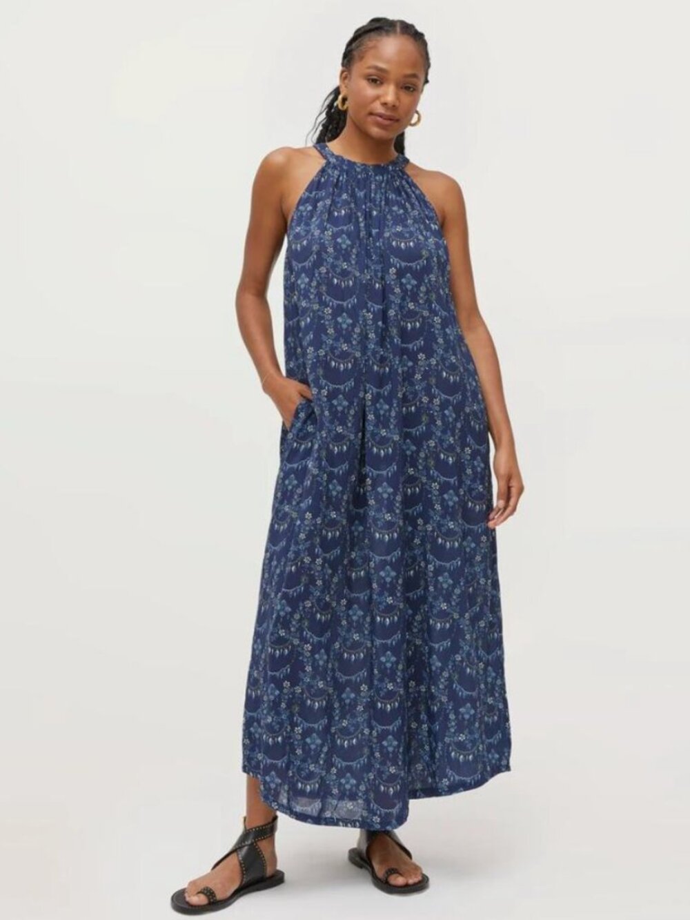 Hill House Navy Blue Printed Halter Maxi Dress